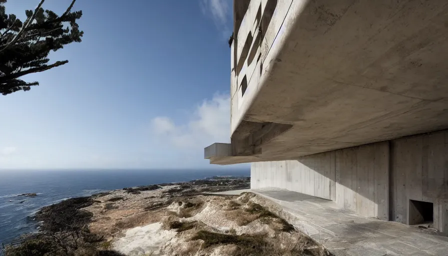 Image similar to military brutalist base perched on a cliff overlooking a magnificient bay, drawing architecture, fog horizon, pritzker architecture prize, greig fraser