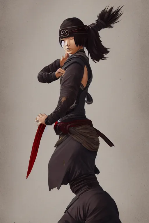 Image similar to native japanese young woman dressed like shinobi ninja, focused stare, partially masked, highly detailed, photobash, photorealistic render, trending on artstation, character design, cinematic lighting