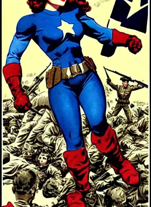 Prompt: beautiful female captain america standing on a pile of defeated german soldiers. feminist captain america wins wwii. american wwii propaganda poster by james gurney. anime
