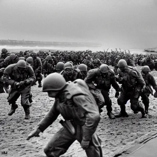 Prompt: Photo by Robert Sargent from 1944 Omaha beach landing at Normandy on D-Day with the Incredible Hulk leading the charge, very detailed, realistic
