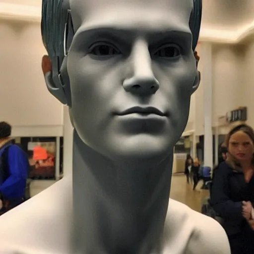 Image similar to “a realistic detailed photo of a guy who is an attractive humanoid who is half robot and half humanoid, who is a male android, News reporter Anthony Conn, shiny skin, posing like a statue, blank stare, at college, on display, a spark coming out of his neck”