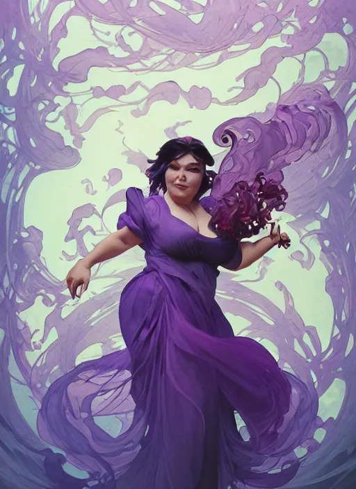 Image similar to madam mim, ugly! purple smoke aura in motion, floating pieces, painted art by tsuyoshi nagano, greg rutkowski, artgerm, alphonse mucha, spike painting