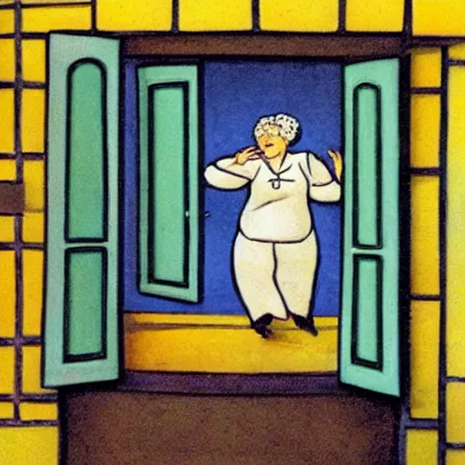 Image similar to a modeen etchine art work of a fat old woman flying trough the window into the kitchen. funny scene