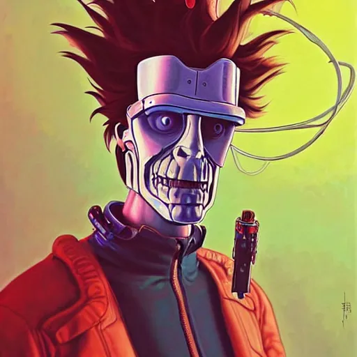 Prompt: bender futuristic rick sanchez futurama portrait by charles vess and james jean and erik jones and rhads, inspired by ghost in the shell, beautiful fine face features, intricate high details, sharp, ultradetailed