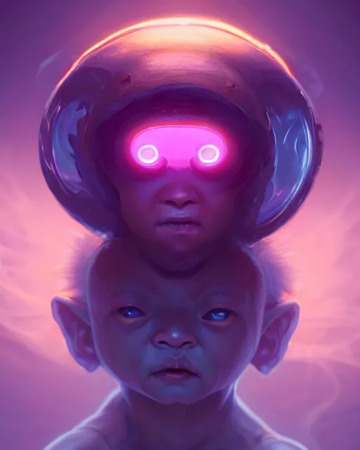 Image similar to one singular portrait of a cute bioluminescent baby creature with big glowing eyes, highly detailed, digital painting, cinematic, hyper realism, dark retrowave, art by Stanley Lau and Artgerm and magali villeneuve and Alphonse Mucha, artstation, octane render, cgsociety