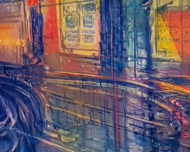 Prompt: urban nyc subway decay newspaper style, impressionism painting with oil sticks on old cardboard box, cinematic color palette, UV, 4K, painted by Edvard Munch