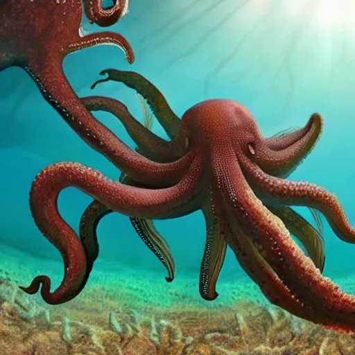 Prompt: A terrifying and majestic giant octopus