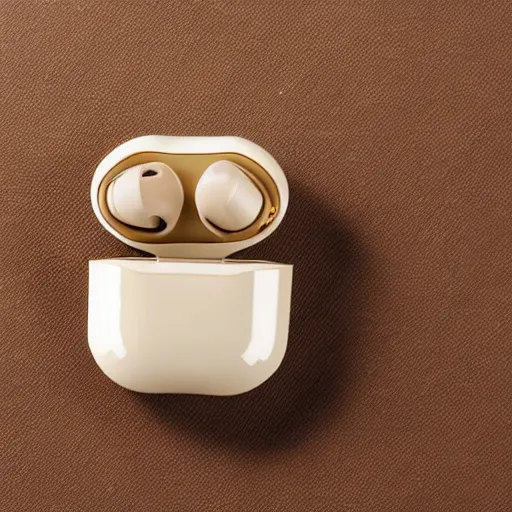 Image similar to a single beige truly wireless earbud with gold accents, beige case, studio, product photo