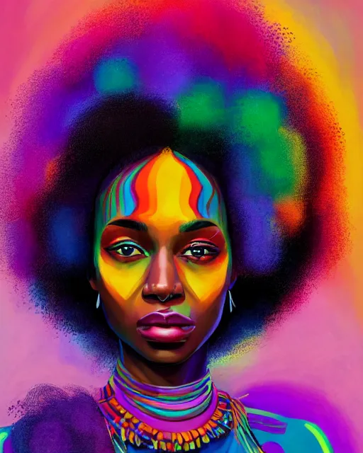 Image similar to colorful portrait of a black woman hippie wearing her hair in an afro, but set in the future 2 1 5 0 | highly detailed | very intricate | symmetrical | professional model | cinematic lighting | award - winning | painted by mandy jurgens | pan futurism, dystopian, bold psychedelic colors, cyberpunk, anime aesthestic | featured on artstation