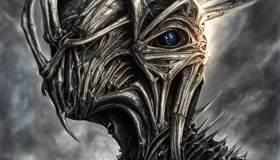 Image similar to sauron by yoshitaka amano, by hr giger, biomechanical, profile portrait, wide ayes, hyper detailed, hyperrealism, anime, deviantart, artstation, hadron antimatter vacuum reactor, photorealistic, 4 k, god rays, highly detailed, vray rendering, unreal engine