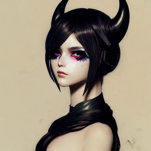 Image similar to a beautiful anime girl wtih balck horns and single eye mask,full body painting,by Greg Rutkowski and Ilya Kuvshinov and Alphonse Maria Mucha,super clear detailed,hyper realistic,trending on artstation,8k