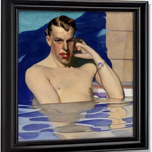 Image similar to portrait of a man swimming in a pool in california, by j. c. leyendecker, tamara de lempicka