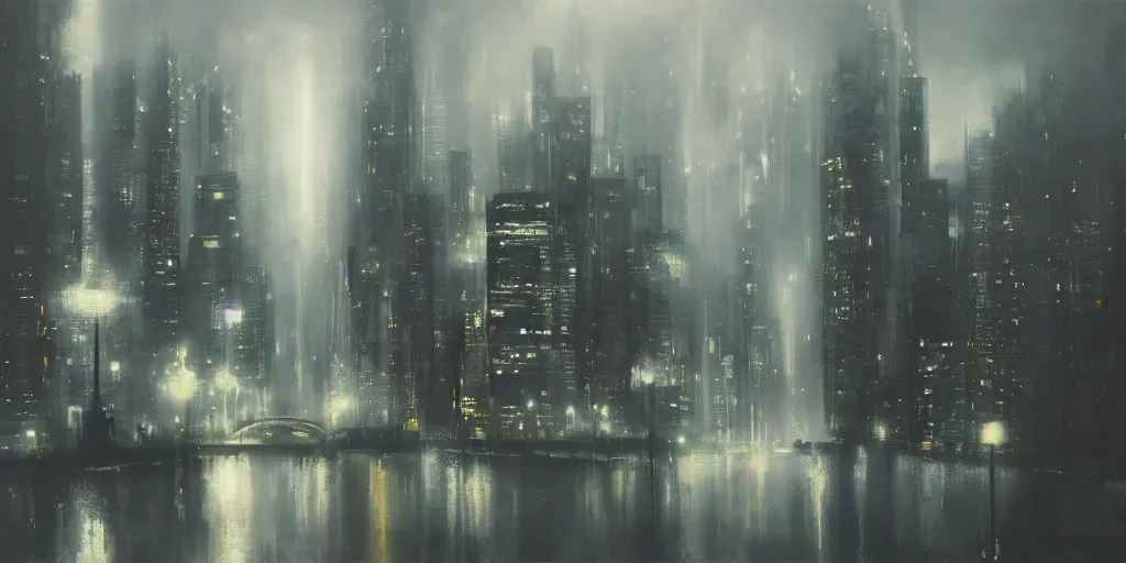 Prompt: a futuristic cityscape at night, foggy, soft lighting, realistic painting