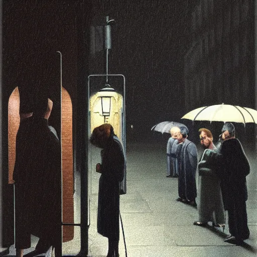 Prompt: a some people waiting in a lone bus stop in quiet dark city night of 1950 Rome while it is raining, by George Tooker, moody, sinister, lighting, hyperrealistic, high quality, high resolution,detailed