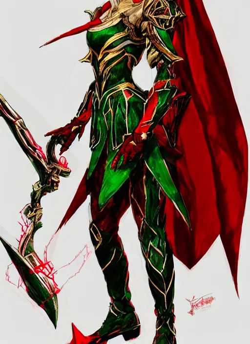 Prompt: Full body portrait of a beautiful young blonde short haired elven princess wearing red, green and gold armour robe. In style of Yoji Shinkawa and Hyung-tae Kim, trending on ArtStation, dark fantasy, great composition, concept art, highly detailed.