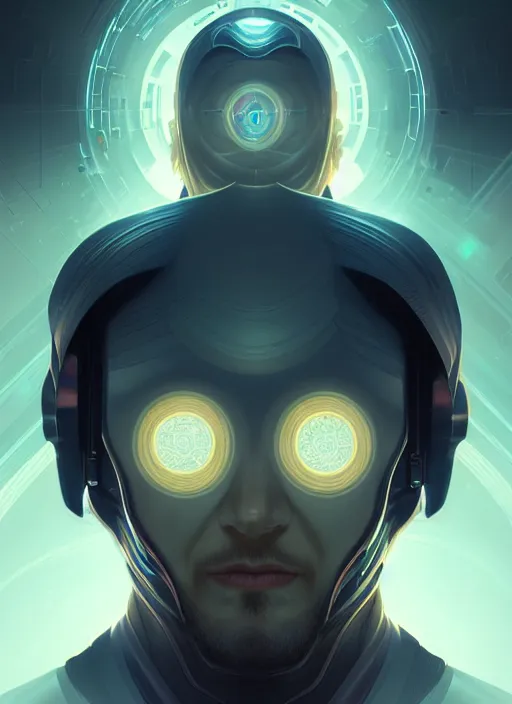 Image similar to symmetry!! portrait of male wizard, sci - fi, tech wear, glowing lights!! intricate, elegant, highly detailed, digital painting, artstation, concept art, smooth, sharp focus, illustration, art by artgerm and greg rutkowski and alphonse mucha