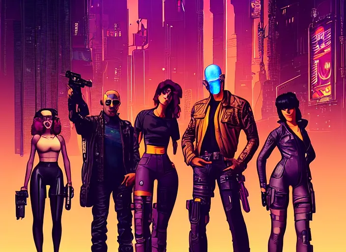 Image similar to cyberpunk heist team. portrait by stonehouse and mœbius and will eisner and gil elvgren and pixar. character design. realistic proportions. cyberpunk 2 0 7 7 character art, blade runner 2 0 4 9 concept art. cel shading. attractive face. thick lines. the team. diverse characters. shadowrun.