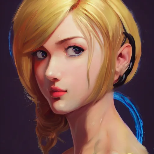 Image similar to portrait of beautiful Samus Aran, League of Legend illustration by Sam Youn:3, profile picture by Gil Elvgren:3, asymmetrical, Organic Painting, Ambient Occlusion:3, Matte Painting, bold shapes, hard edges, street art, trending on artstation, realistic:2 by Sachin Teng:5