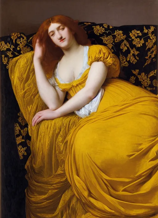 Image similar to masterpiece portrait of lady reclining vertically on bed wearing yellow ochre ornate medieval dress, foreshortening, colour photography by frederic leighton, william morris, 8 k