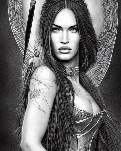 Image similar to portrait of beautiful megan fox as greek goddess aphrodite, archer, arrow on the head, beautiful piercing eyes, flowing blonde hair, realistic face, black and white drawing, in the style of greg rutkowski, fantasy, amazing detail, epic, intricate, elegant, smooth, sharp focus