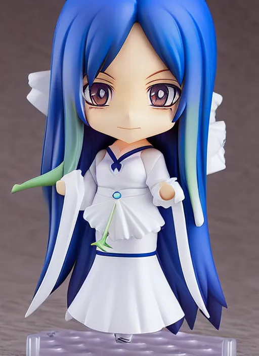 Image similar to nendoroid anime beautiful female witch with long, blue hair and green eyes, pretty symmetrical face, fullbody, white robes blue skirt, anime, nendoroid,