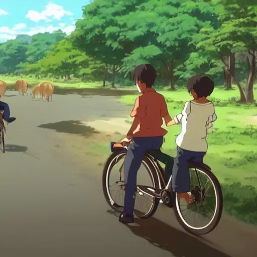 Prompt: A teenager riding a bicycle in a town by a river with capybaras passing by , Dice Tsutsumi, Makoto Shinkai, Studio Ghibli