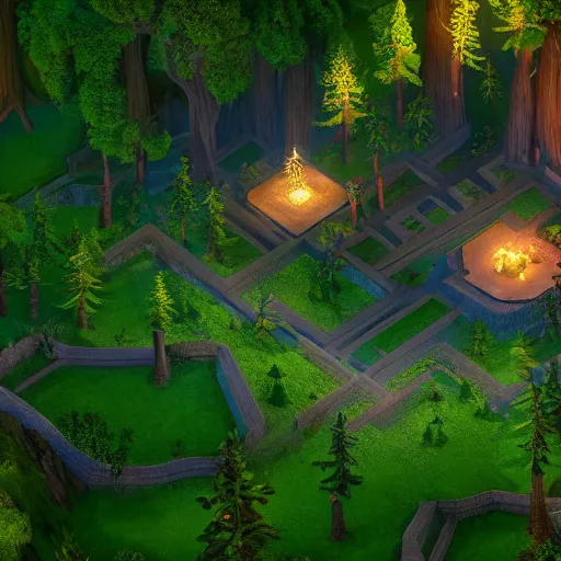 Image similar to incredible game level design, isometric view, lothlorien, trees, lights, fantasy, 8k, unreal engine