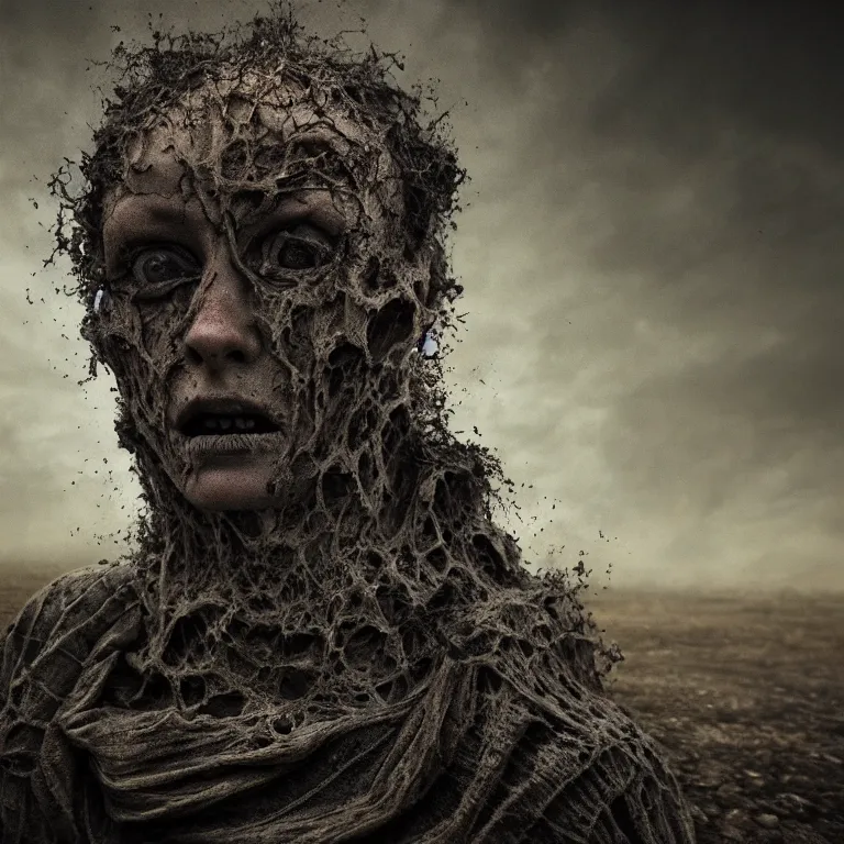 Image similar to ribbed abandoned face portrait, baroque painting, standing in a desolate empty wasteland, creepy, nightmare, dream-like heavy atmosphere, surreal abandoned buildings, beautiful detailed intricate insanely detailed octane render trending on Artstation, 8K artistic photography, photorealistic, chiaroscuro, Raphael, Caravaggio, Beksinski, Giger