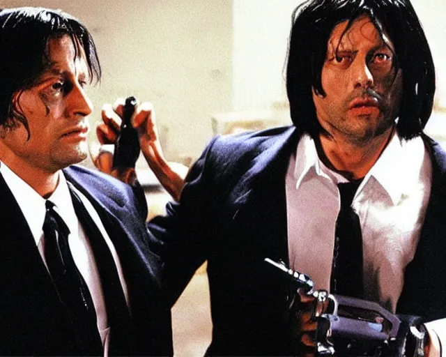 Image similar to detailed Mads Mikkelsen as Vincent Vega in Pulp Fiction with his partner Jules Winnfield, movie scene