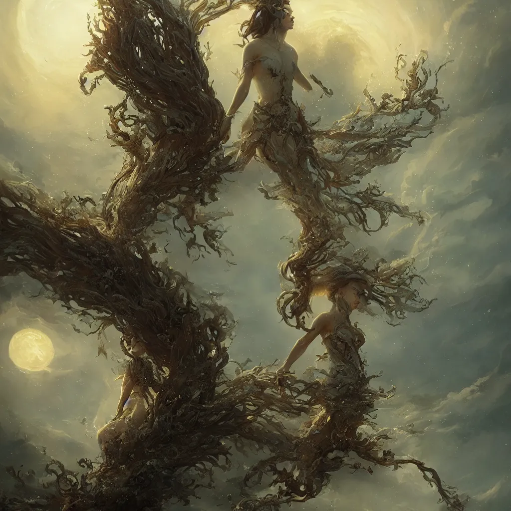 Prompt: fantasy illustration of a goddess of world full of life, divine thrill of the biological tranquil sky, spirits wavering, feelings are shaking, atoms floating, by greg rutkowski, horror, intricate, elegant, highly detailed, digital painting