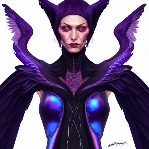 Prompt: character portrait of a modest robed dark raven angel with iridescent black raven wings, by Artgerm, Mark Brooks, Jim Burns, Marina Abramović, Wadim Kashin, trending on Artstation