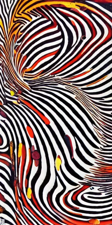 Prompt: cosmic folding in spacetime by bridget riley, spooky autumnal colours