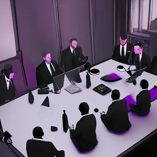 Image similar to HD render of shadow figures in suits sitting around a table in an occultic lair scheming and plotting, Ultra realistic digital art painting trending on artstation, photo realistic, black and purple colour scheme