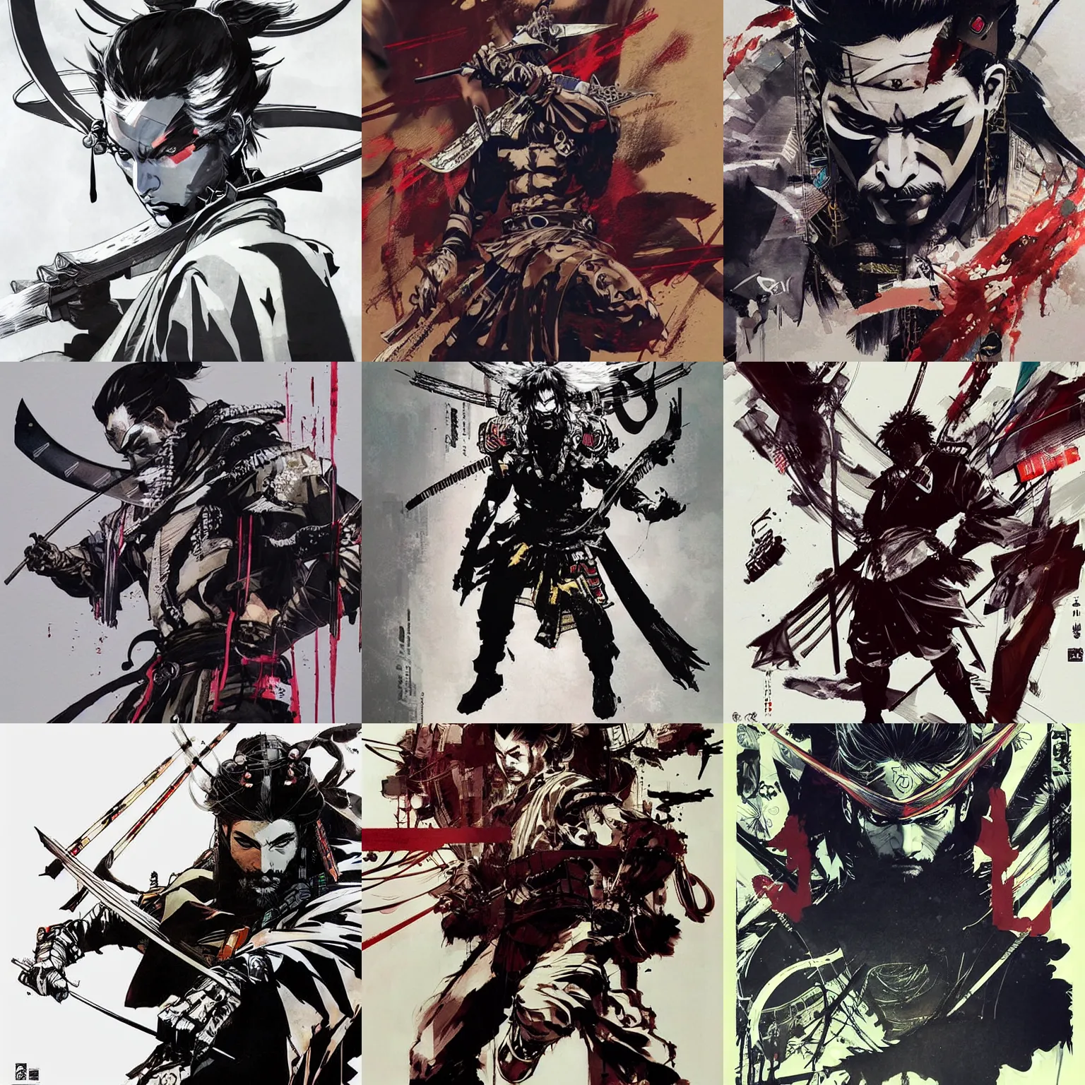 Prompt: a beautiful yojimbo samurai invocation. art by yoji shinkawa and sandra chevrier, trending on artstation, award - winning, perfect composition.