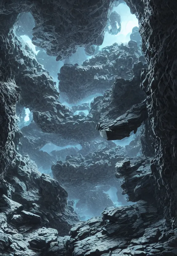 Image similar to three lovecraftian rabies mastiffs attacking inside a claustrophobic dark blue canyon of stone, foaming at the mouth, like ink in water, tapetum lucidum, monsters, digital art, greg rutkowski, junju ito, unreal engine, octane render, cinematic lighting, highly detailed