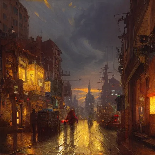 Image similar to detailed painting of a cyberpunk street in 1 9 4 0, exterior, floral ornaments, volumetrics lights, beam of bright lights through the clouds, andreas achenbach