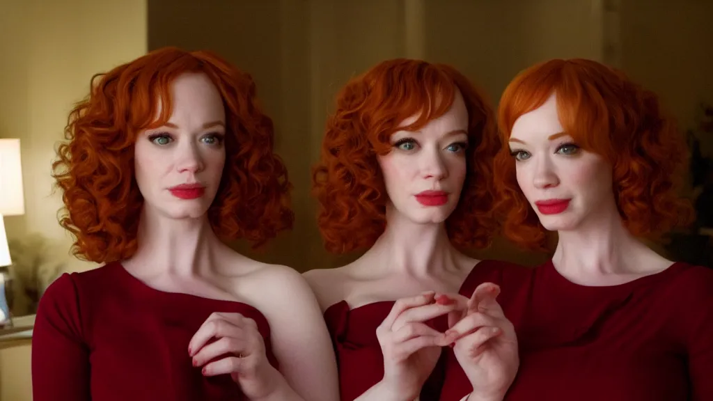 Image similar to a very happy beautiful Christina Hendricks and her twin sister in the living room, film still from the movie directed by Denis Villeneuve with art direction by Salvador Dalí, wide lens