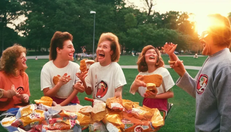 Image similar to 1990s candid photo of a beautiful day at the park, cinematic lighting, cinematic look, golden hour, costumed packaged food mascot people in the background, Enormous personified packaged food people with happy faces and hands talking to families, UHD