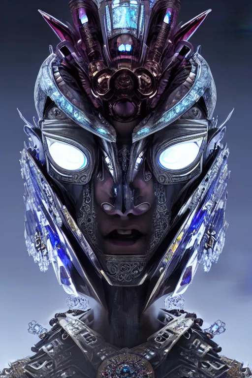 Prompt: asura from chinese myth, ghost, luxurious armor mixed with leather and metal, dystopian, cyberpunk, mecha, halfturn portrait of a big crystal face made of crystals half - turn, ominous, intricate, studio, art by anthony macbain + greg rutkowski + alphonse mucha, concept art, 4 k, sharp focus