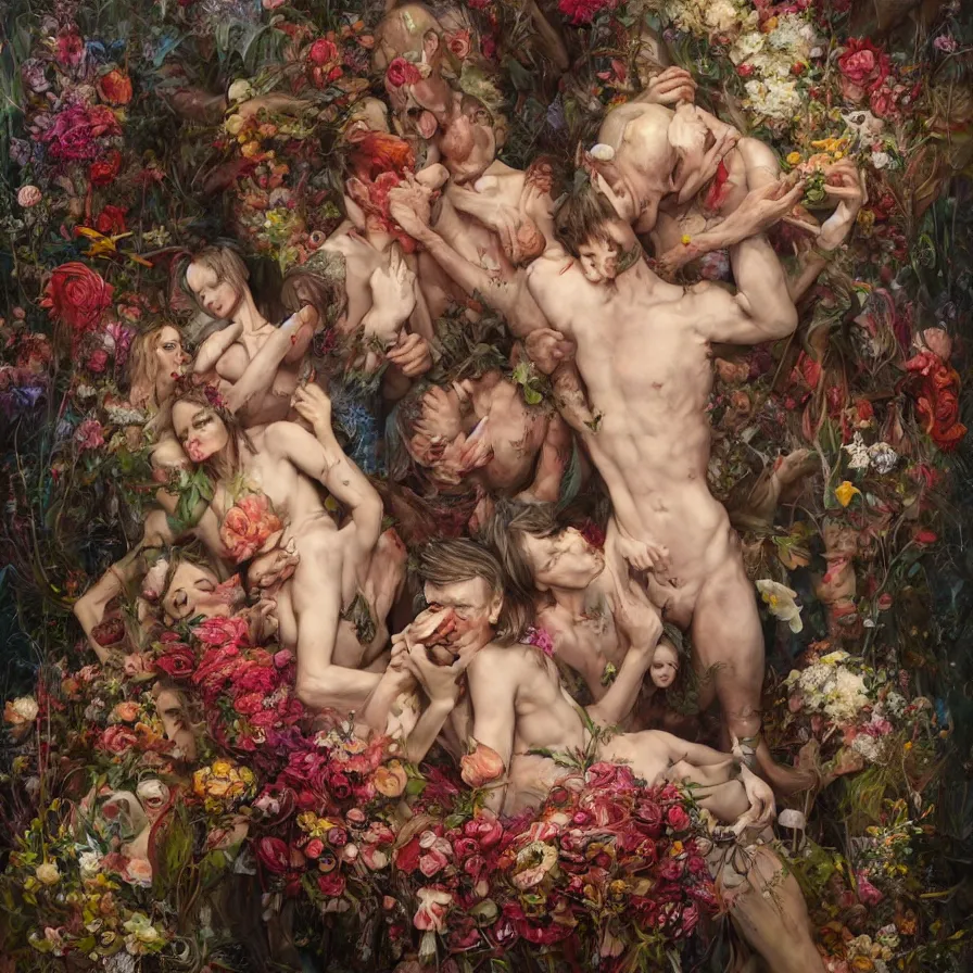 Prompt: male portrait of anorexic family eating rotten flesh and puking blood wearing a thong, surrounded by flowers by karol bak, james jean, tom bagshaw, rococo, trending on artstation, cinematic lighting, hyper realism, dramatic, emotional, octane render, 8 k, hyper detailed.