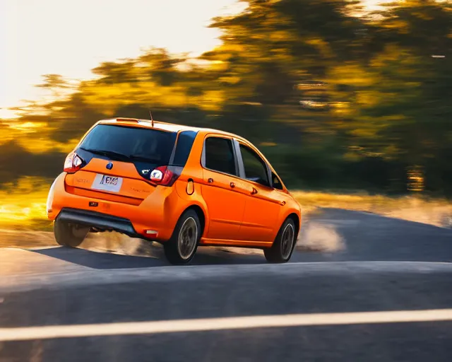 Image similar to border collie dog in the driver's seat of an orange nissan note, paws on wheel, car moving fast, rally driving photo, award winning photo, golden hour, front of car angle, motion blur