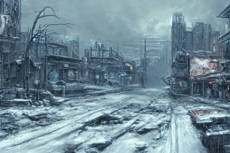 Image similar to Landscape of the nuclear wasteland of new orleans covered in snow, down-town, city, concept art by Ray Lederer, fallout concept art, wallpaper, trending on art station