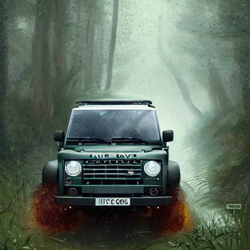 Prompt: a landrover crossing a forest path while its raining, digital art, artstation, photgraphy, highly detailed, digital painting, artstation, concept art, sharp focus, illustration, art by greg rutkowski and artgerm