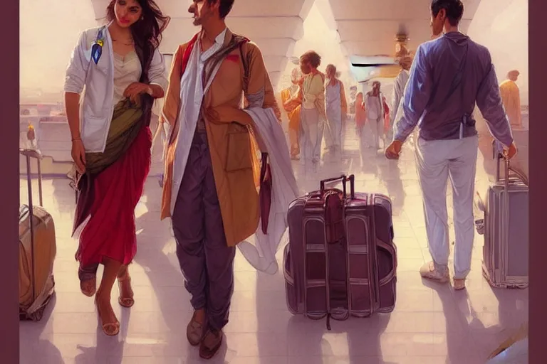 Image similar to Anxious good looking pale young Indian doctors wearing American clothes at the airport, portrait, elegant, intricate, digital painting, artstation, concept art, smooth, sharp focus, illustration, art by artgerm and greg rutkowski and alphonse mucha