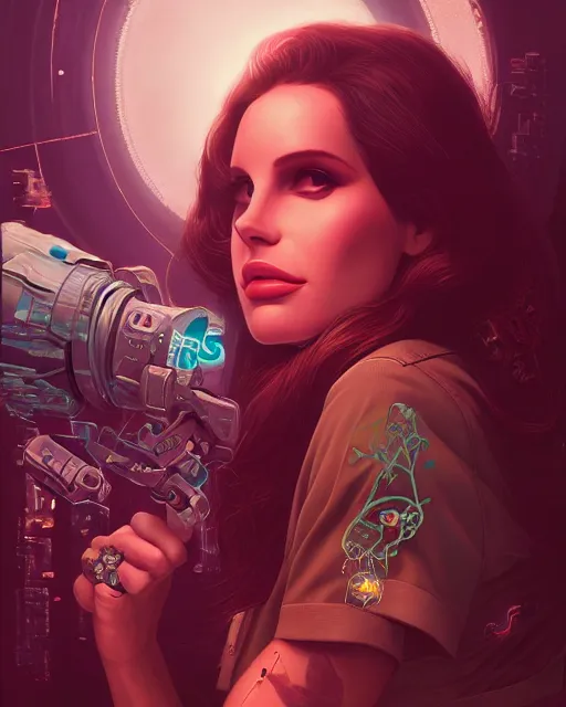 Image similar to portrait of lana del rey as a cyberpunk cyborg. roses, sci - fi, missing panels, intricate abstract, upper body, intricate artwork, by tooth wu, wlop, beeple, dan mumford. concept art, 8 k octane render, deviantart, greg rutkowski, cinematic, key art, hyperrealism, iridescent accents