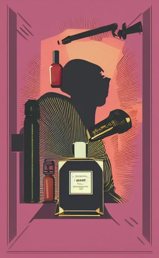 Image similar to illustration, close - up photo with beautiful bottle of perfume near nose, sniffing the aroma, an art deco painting by tom whalen, trending on behance, art deco, digital illustration, storybook illustration, grainy texture, flat shading, vector art, airbrush, pastel, watercolor, poster