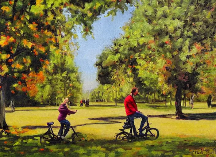 Image similar to a couple on bicycles in the park painting by Viktor Tsvetkov