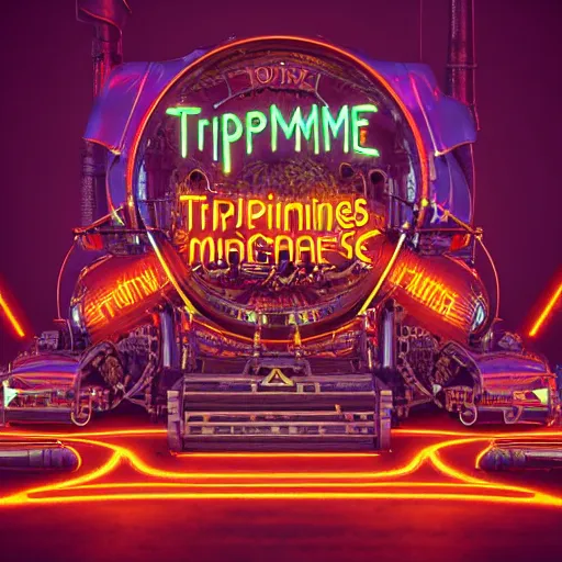 Image similar to cover art, album is called tripmachine, tripmachine, photo of a huge steampunk machinery with guitars and drums and pianos, connected with glowing tubes 8 k, fluorescent colors, halluzinogenic, multicolored, exaggerated detailed, front shot, 3 d render, octane