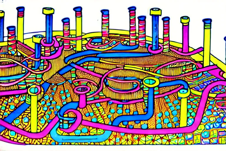 Image similar to an elaborate penned child illustration of a colorful intricate connected city of tubes and pipes, by martin handford and by jan van haasteren