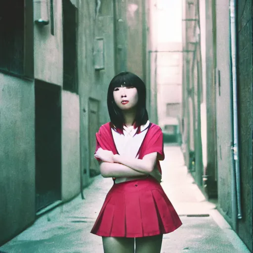 Image similar to a perfect 8K HD professional photo of close-up japanese schoolgirl posing in sci-fi dystopian alleyway, harsh light, at instagram, Behance, Adobe Lightroom, taken with polaroid kodak portra